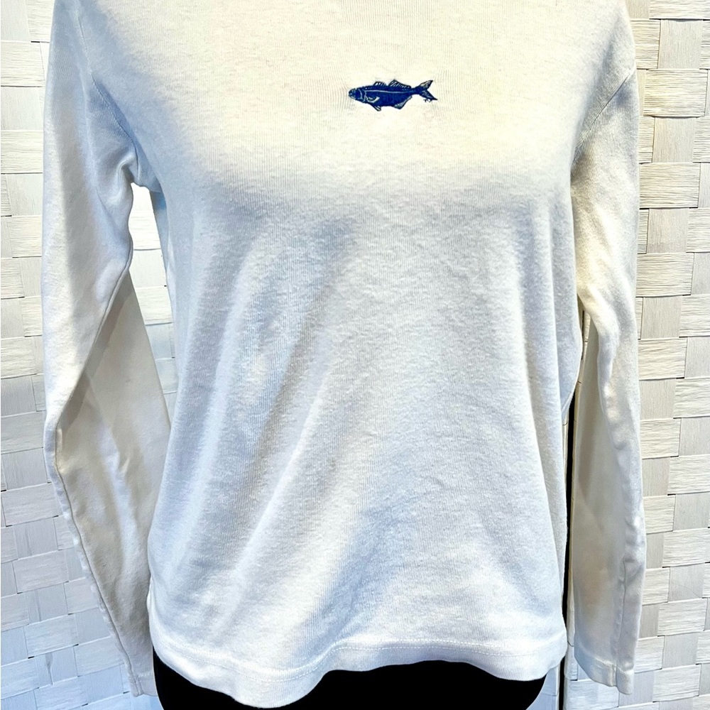 White Long Sleeve Tee with Blue Fish Embroidery